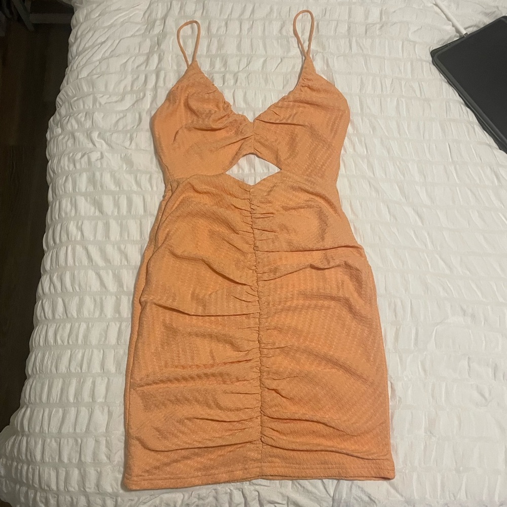Indikah Ruched Strappy Orange Dress